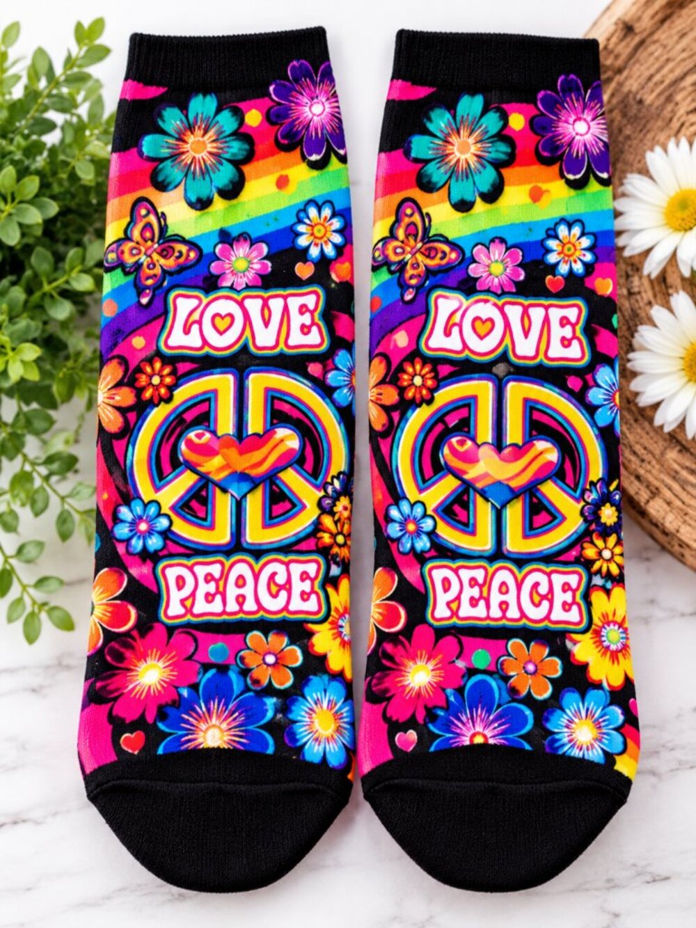 LOVE Peace Rainbow Crew Socks Boho 70s Retro Hippie NWT